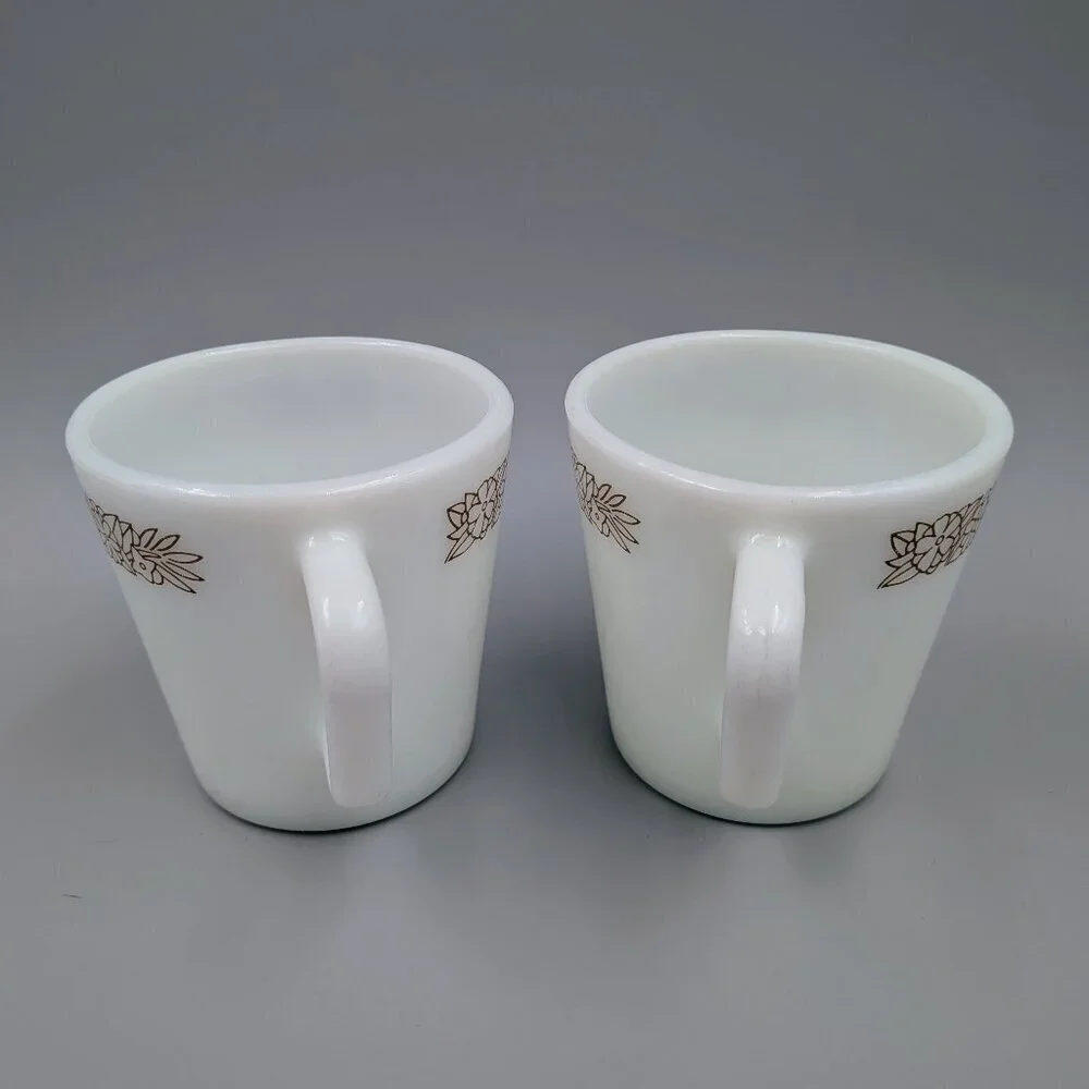Retro Vibe: Pair of Vintage Pyrex Woodland Brown Coffee Mugs - 1970s Milk Glass